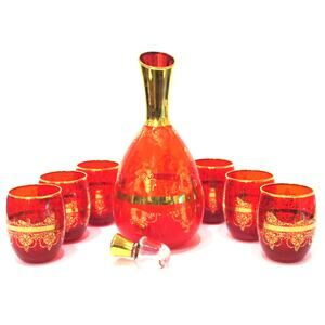 Ferro Lazzarini Murano Glass Decanter Set 8pc Ruby Red Gold 6 Cups Bottle Italy